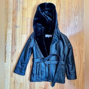 Wilsons Leather black hooded leather coat with belt